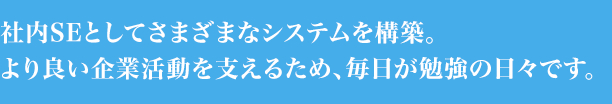 社内SEとしてさまざまなシステムを構築。より良い企業活動を支えるため、毎日が勉強の日々です。